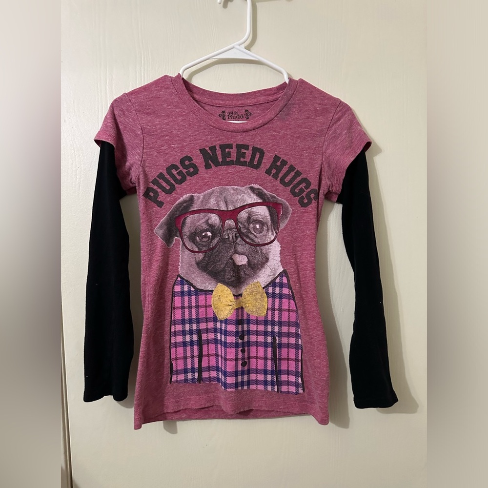Girls Top Mudd Size 14 Pugs Need Hugs Long Sleeve Top Shirt Stain ⚠️